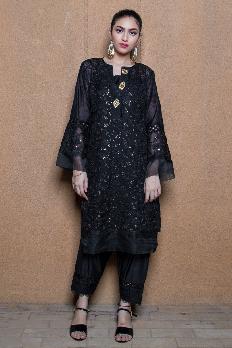 Black Net Outfit with Printed White Belt and embroidered sleeves |  Embroidered jacket outfit, Party wear indian dresses, Designer party wear  dresses